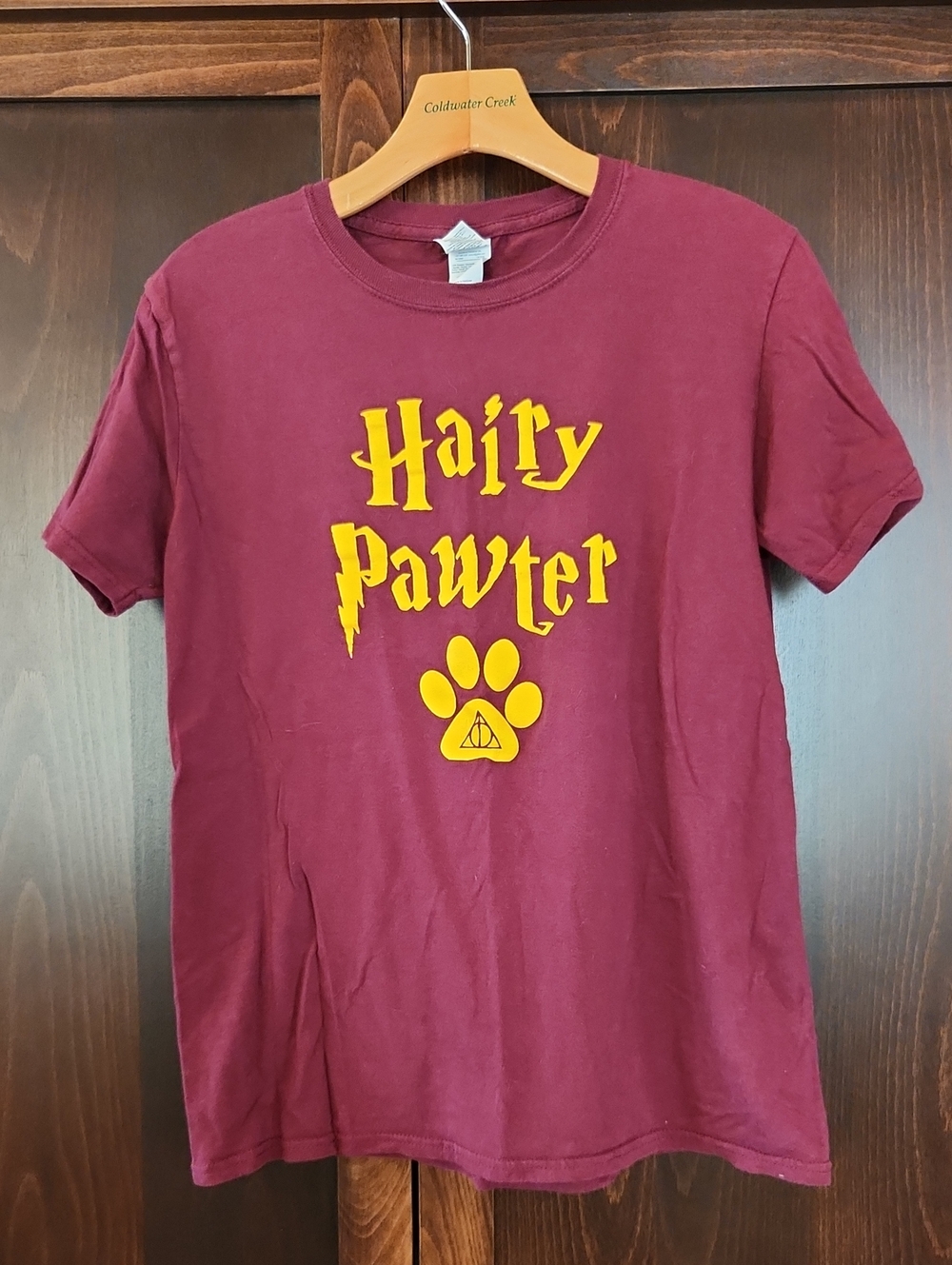 Gildan Maroon "Hairy Pawter" Graphic Tee with Yellow Print